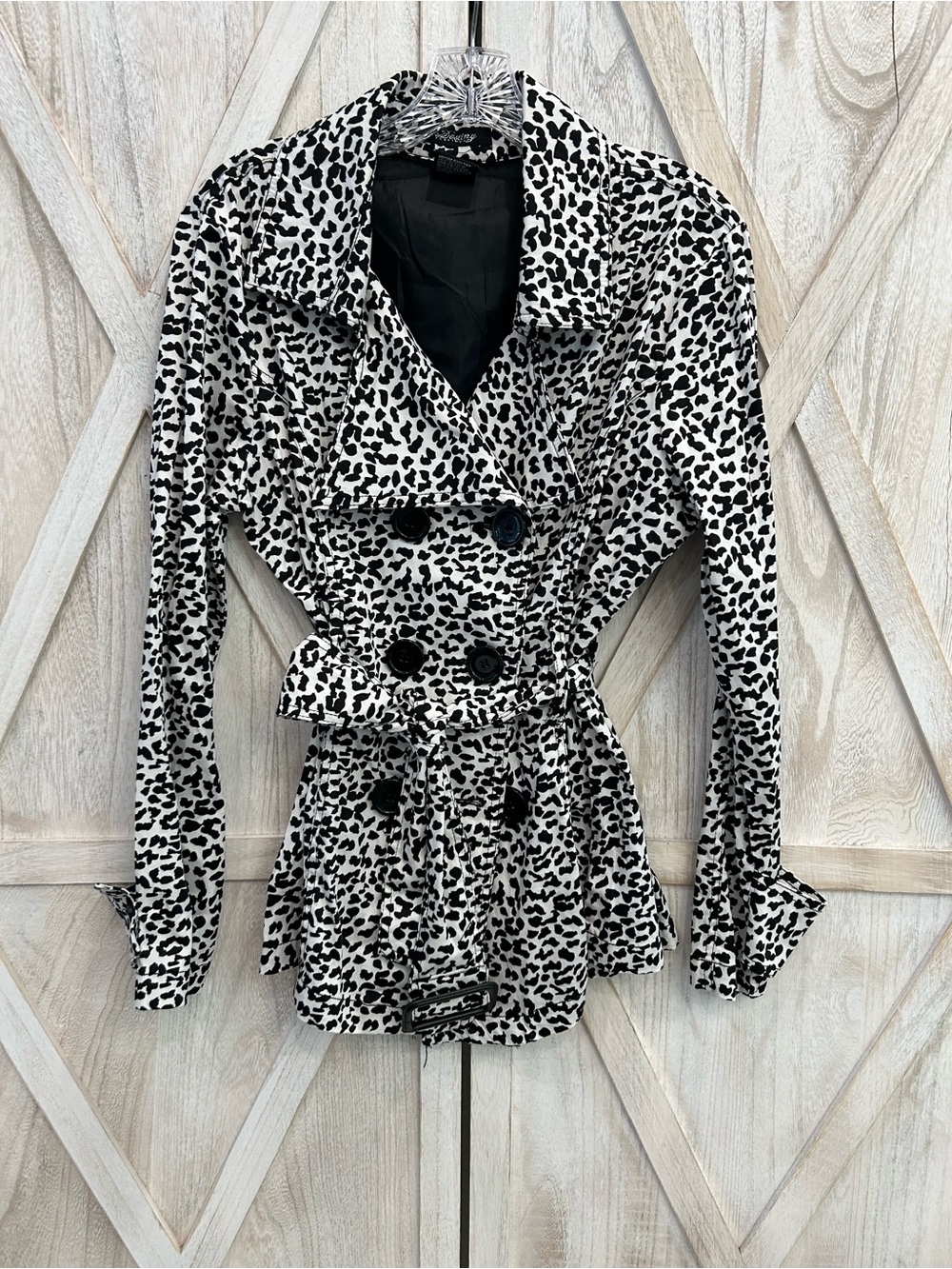 Leopard Print Belted Trench Coat in Black & White